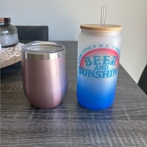 Beer and Sunshine Glass Tumbler with Straw - Blue Ombre and Pink Insulated Wine